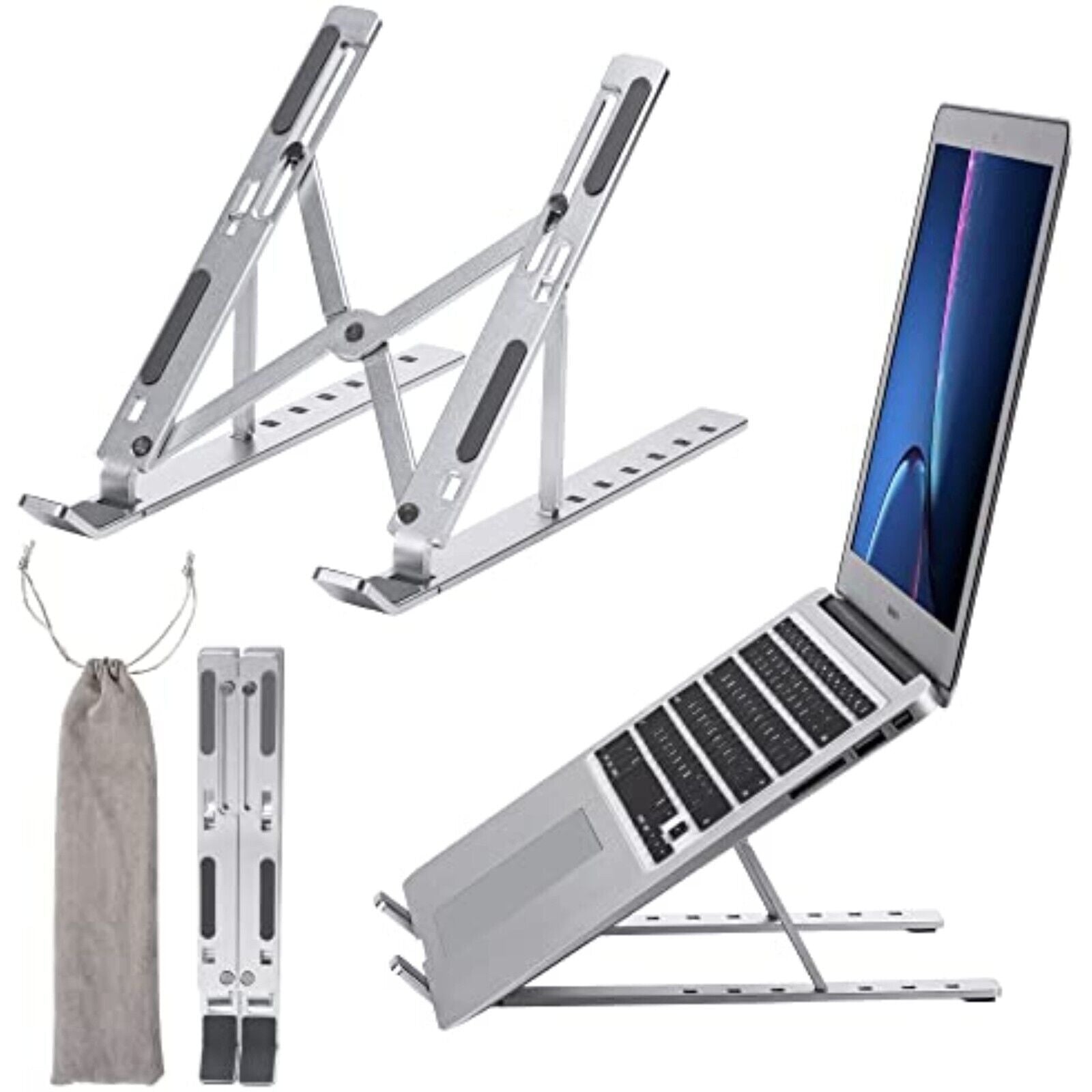 Höhenverstellbarer Aluminium Laptopständer – 7 Stufen, Faltbar, Belüftet & Rutschfest – Silber