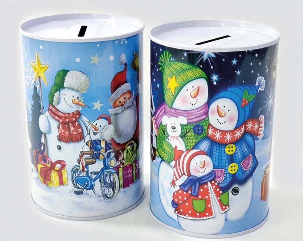Spardose aus Metall 12,5×8 cm – Weihnachtsmotiv, sortiert, stabile Sparbüchse