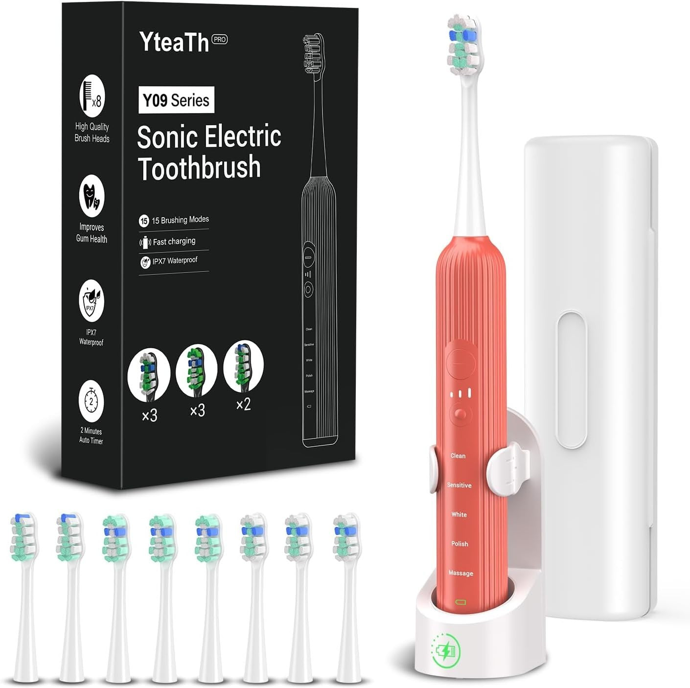Elektrische Schallzahnbürste – 5 Modi 3 Intensitäten 8 Köpfe Timer Reiseetui BLAU oder ROSENROT FARBE 6974680411613
