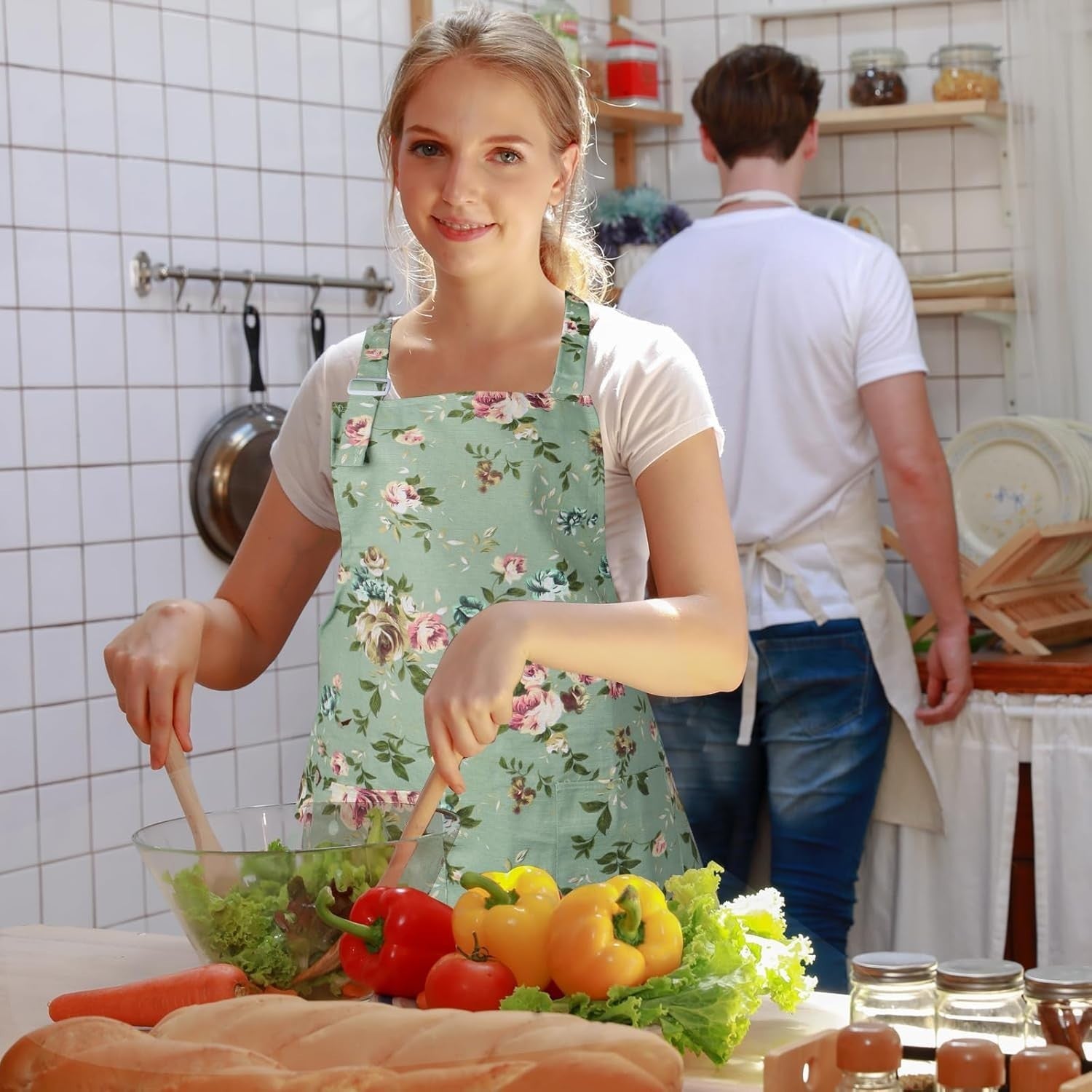 Blumenschürze für Damen – Verstellbare Küchen- & Gartenschürze aus Baumwoll-Canvas mit Tasche