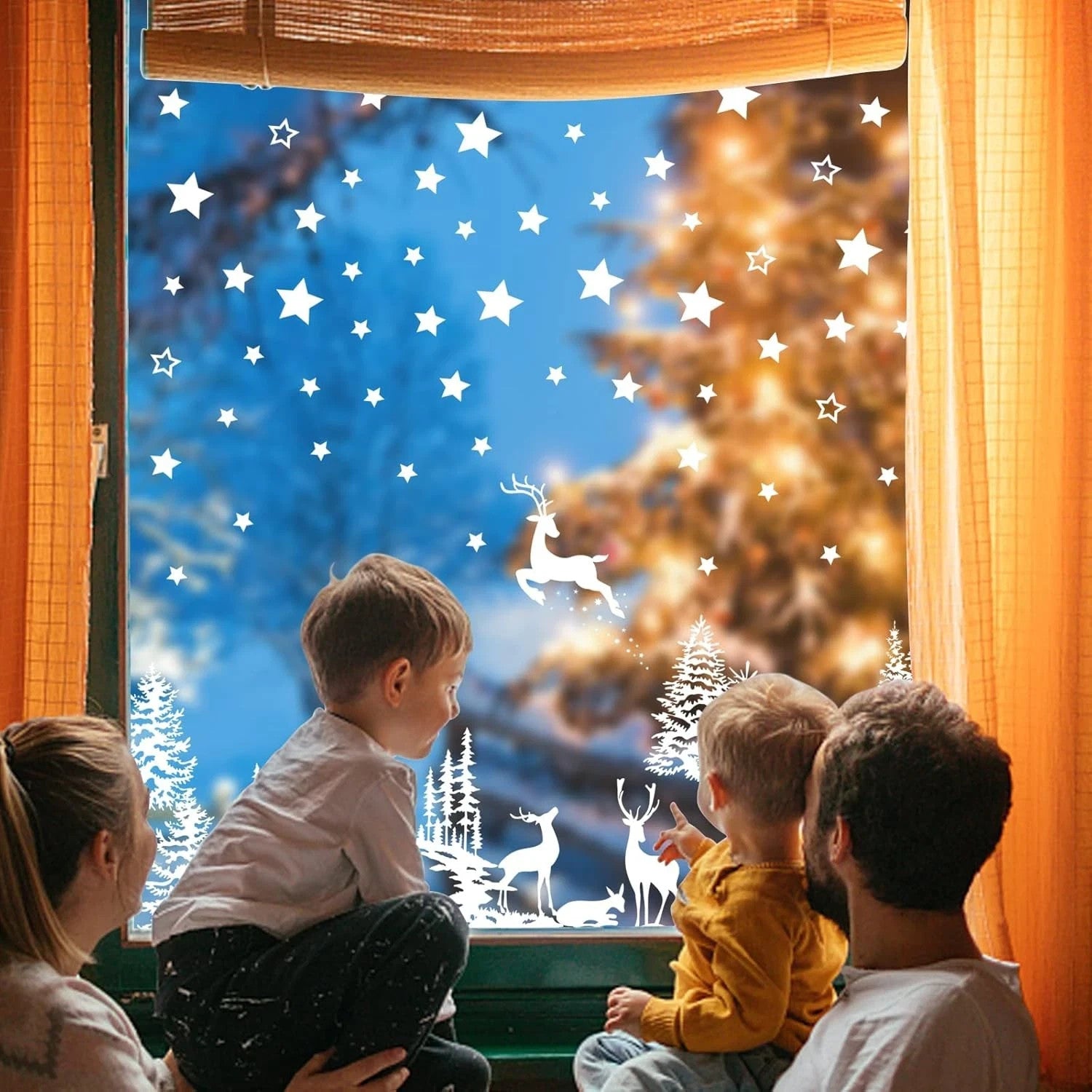 210 Stück Weihnachten Fensterbilder – Sterne, Weihnachtsbaum & Rentier, 9 Bögen, Elektrostatische Winter Fensterdeko, PVC