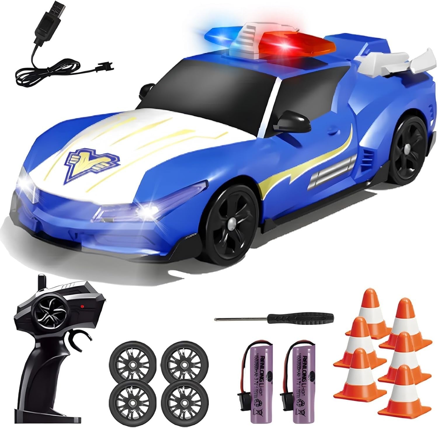 RC Drift Polizeiauto 1:24 – Ferngesteuertes 4WD Auto mit Licht & Sound, 2,4 GHz Steuerung, 2 wiederaufladbare Akkus, Drift- & Rennreifen, Geschenk für Kinder