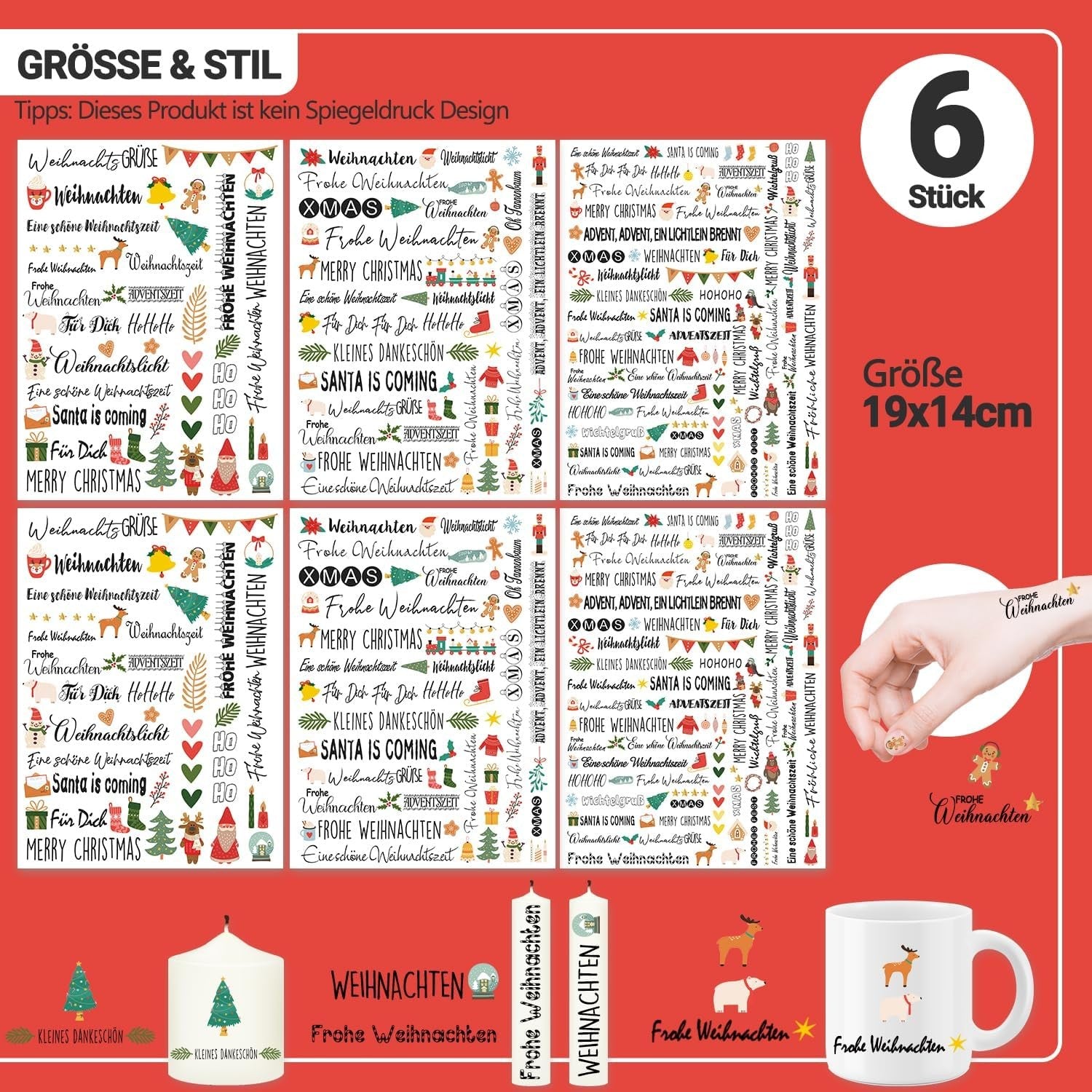 6x Weihnachts Kerzen Tattoo Set 200+ Motive Wassertransfer Deko