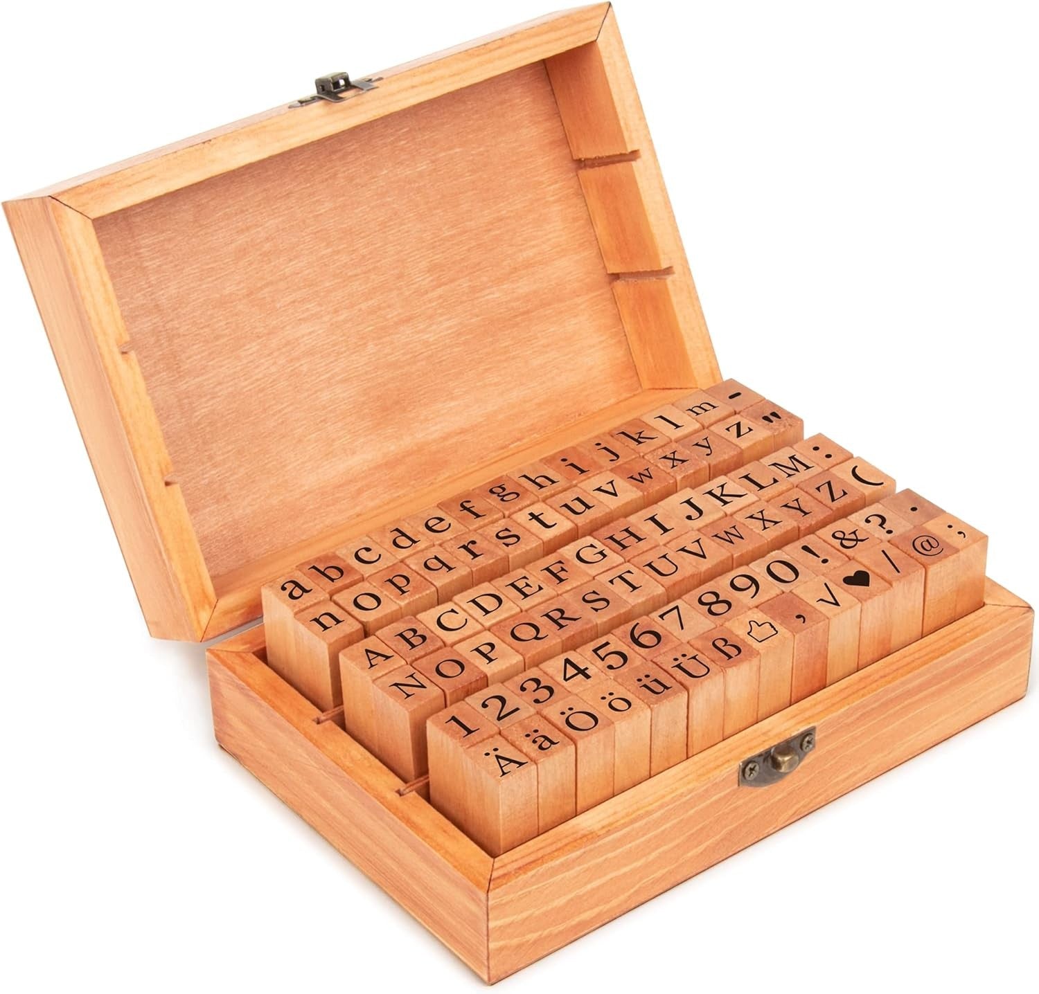 Alphabet Stempel Set 84 Stück Holz Vintage Buchstaben Zahlen Symbole mit Box