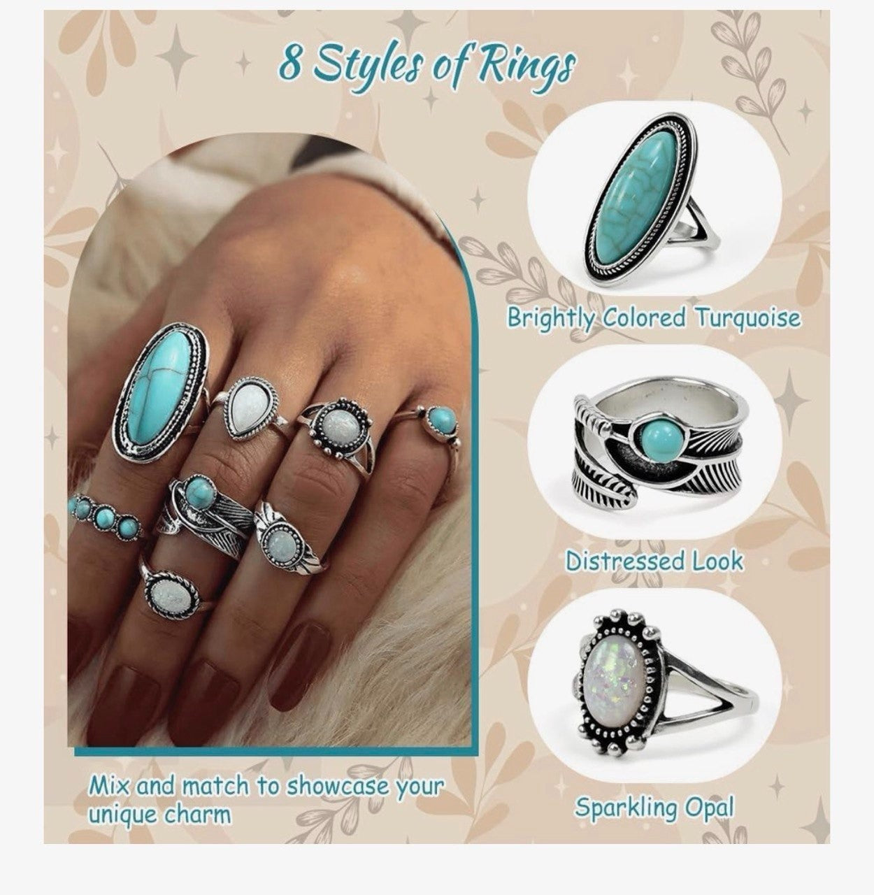 Boho Schmuck Set Türkis Damen Vintage Kette Ohrringe Ringe 14 teilig Geschenk Set