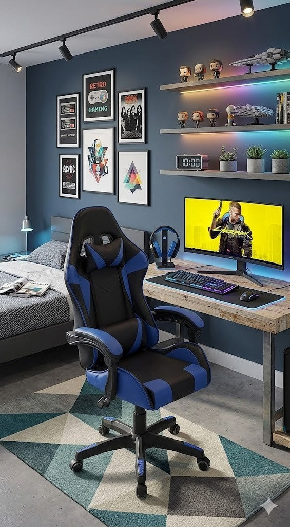 Gaming Stuhl Blau ergonomisch Bürostuhl mit Fußstütze Racing Stuhl