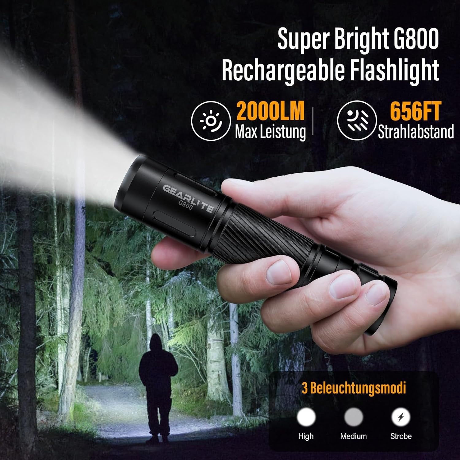 LED Taschenlampe 2000 Lumen USB C aufladbar Zoom Outdoor kompakt