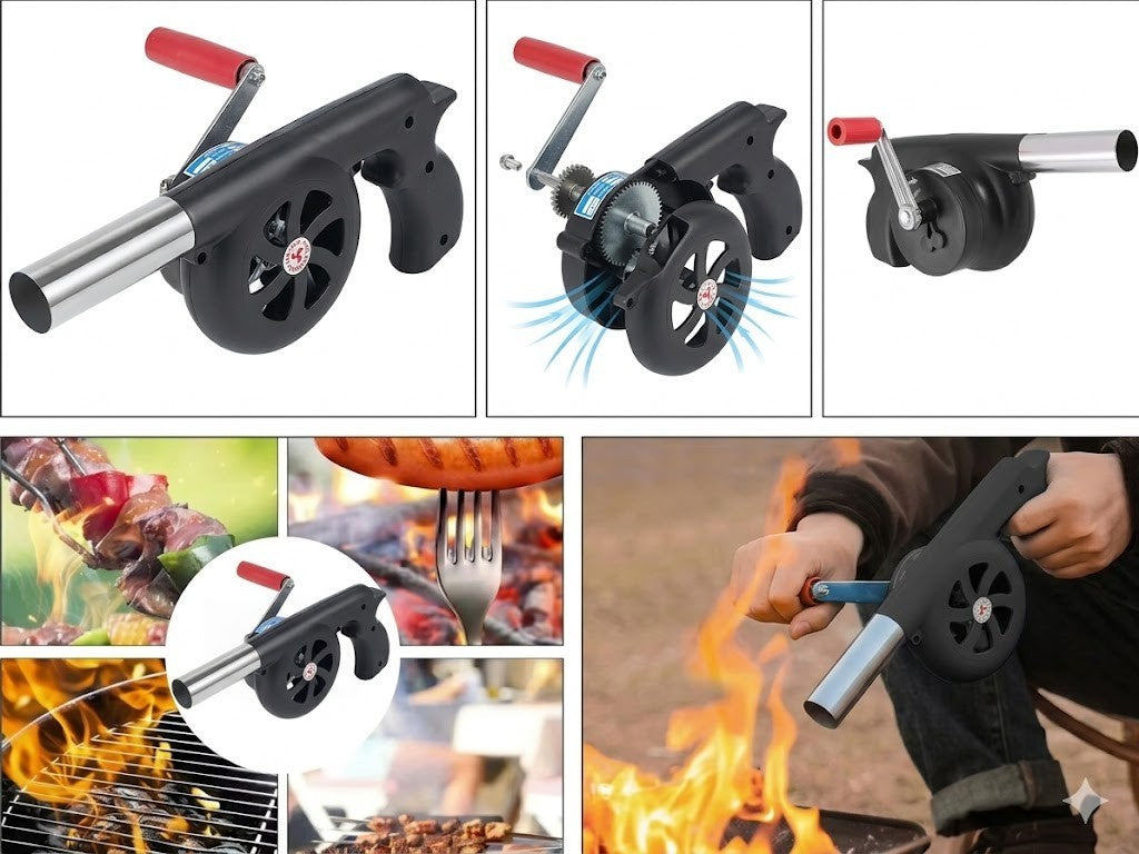 Grill Anzünder Handgebläse Kurbel Feuerstarter BBQ Kamin Camping