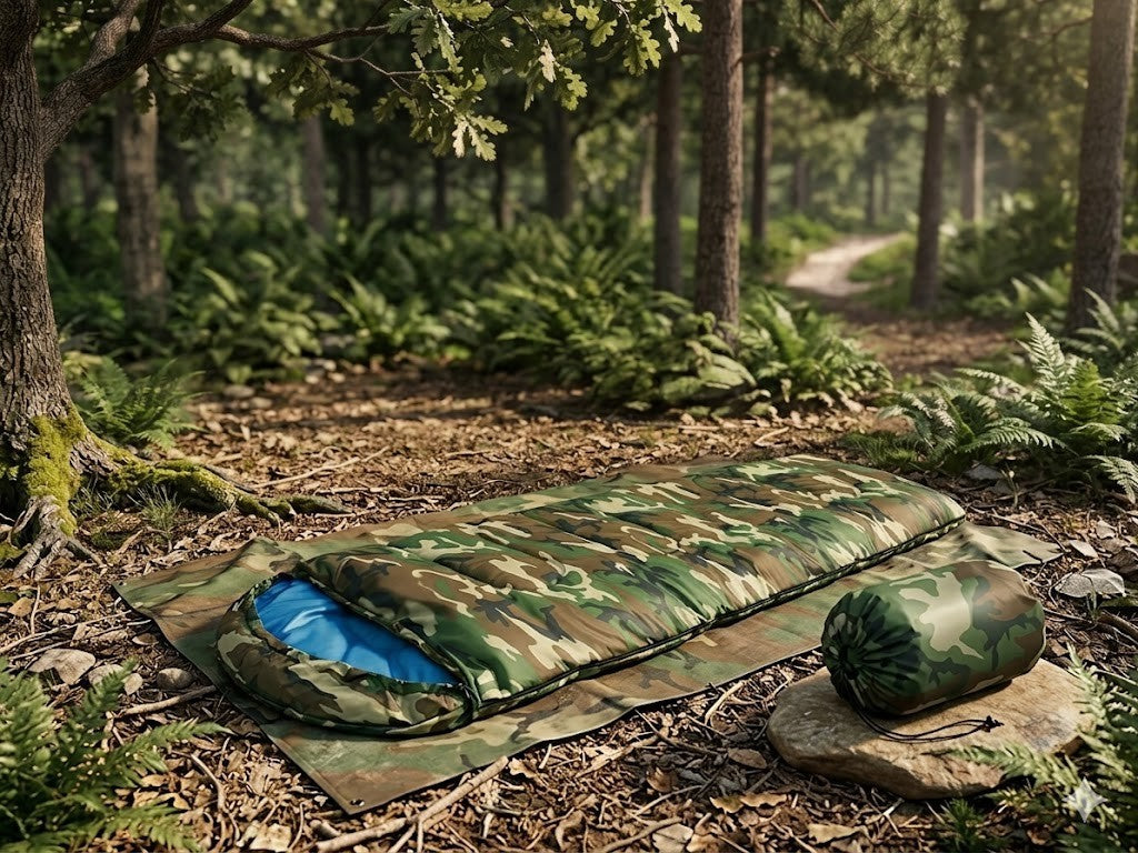 Mumienschlafsack Camping mit Kapuze leicht warm Outdoor Tarnfarbe