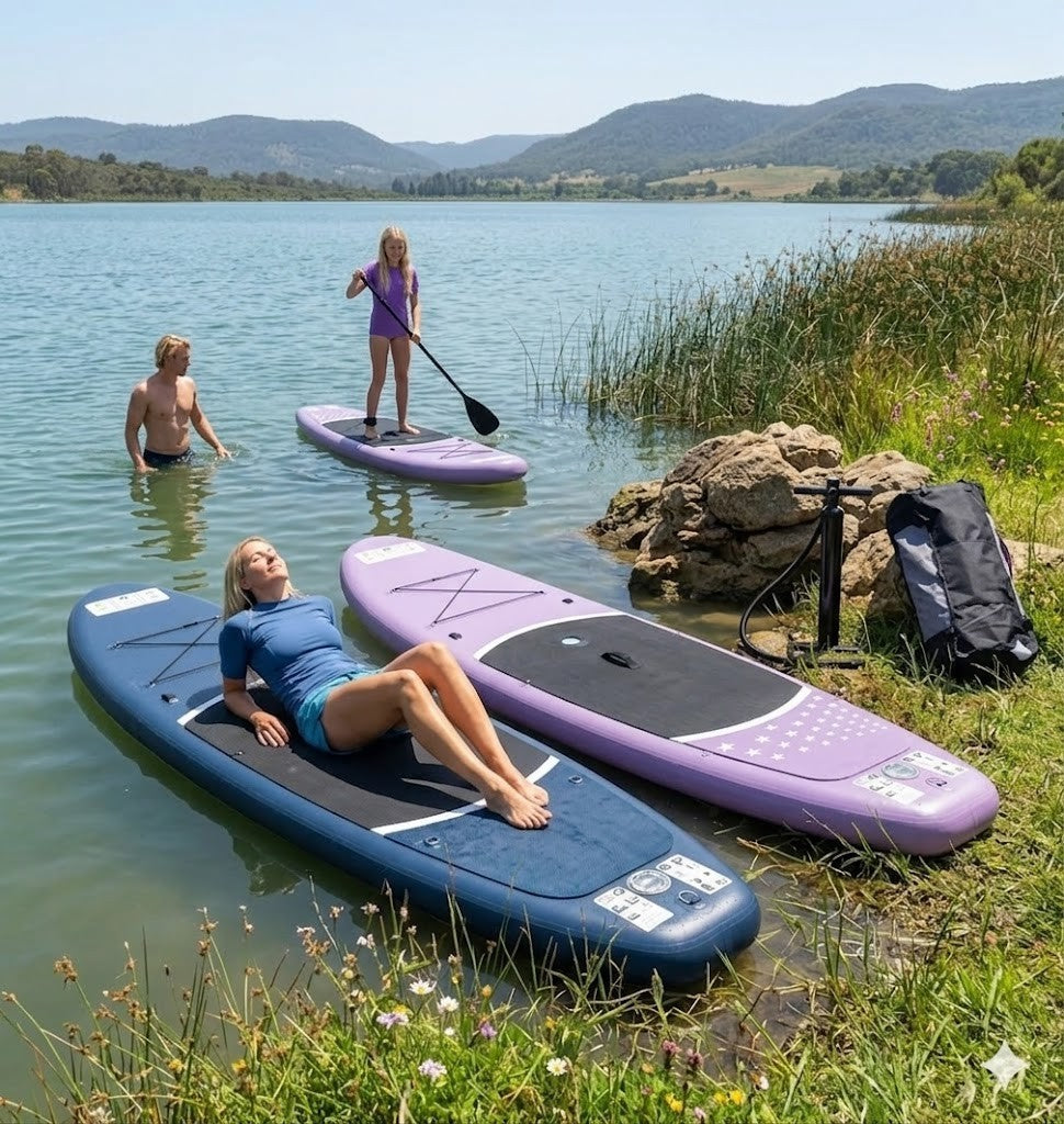 Aufblasbares SUP Board Set Lila 366 cm XXL – 2in1 Stand Up Paddle & Kajak Funktion mit Sitz, Paddel, Double-Action-Pumpe, Tragetasche & Reparaturset