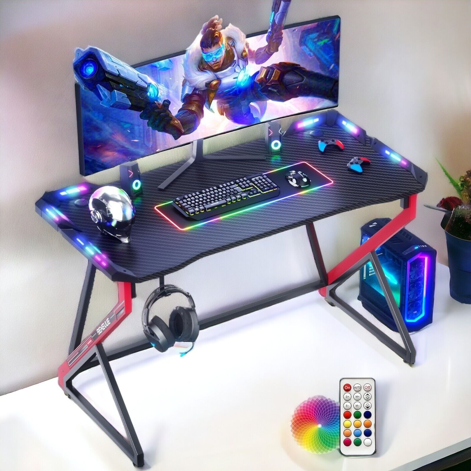 RGB Gaming Schreibtisch LED Gamer Tisch Computertisch Arbeitstisch Stabil 100x60cm