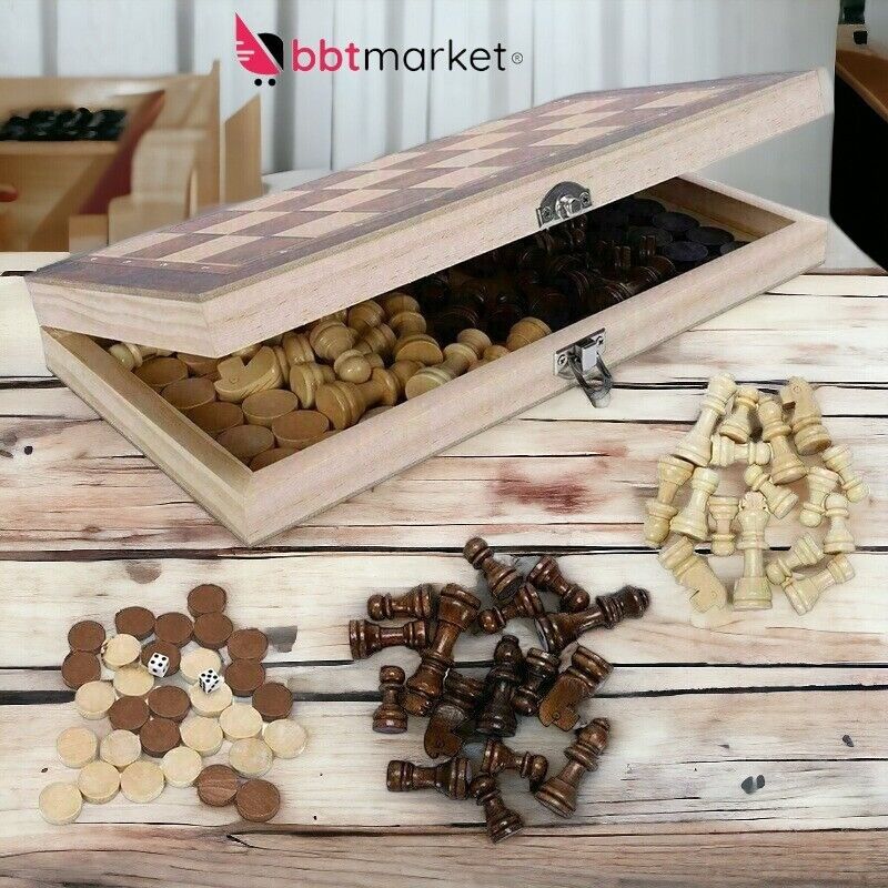 Schachspiel 3in1 – Schach, Dame & Backgammon Holz Brettspiel Set (39x39 cm)