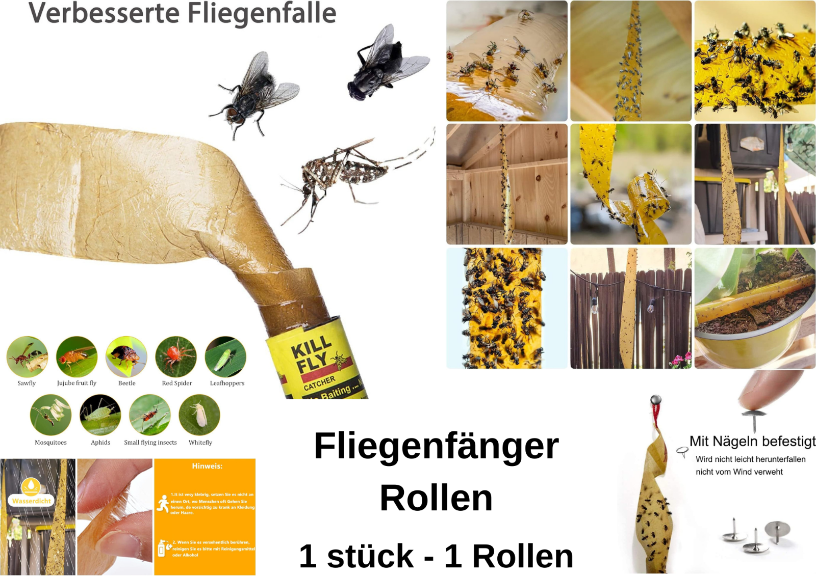 Fliegenfalle & Leimfalle für Mücken, Fruchtfliegen und Insekten – Spiralförmiger Fliegenfänger mit Duftstoff & Naturkleber, doppelseitig klebend