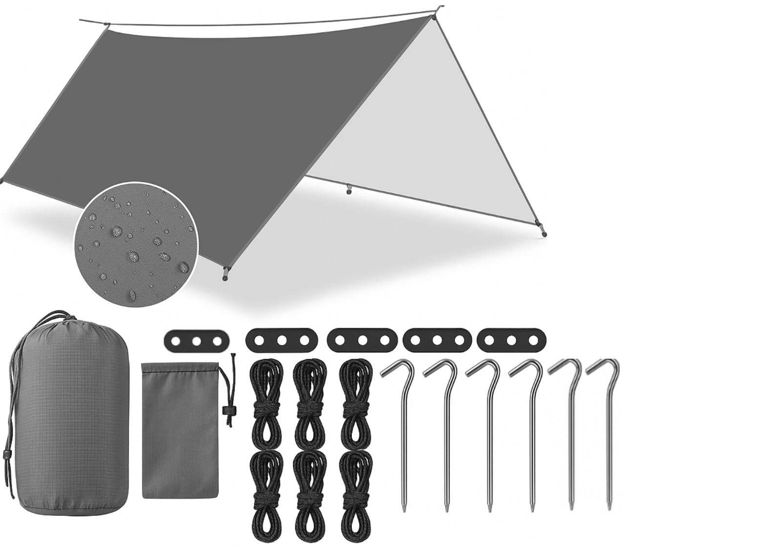 Zeltplane 3x3M Tarp wasserdicht UV Schutz Camping mit Ösen +Seile +Heringe Grau