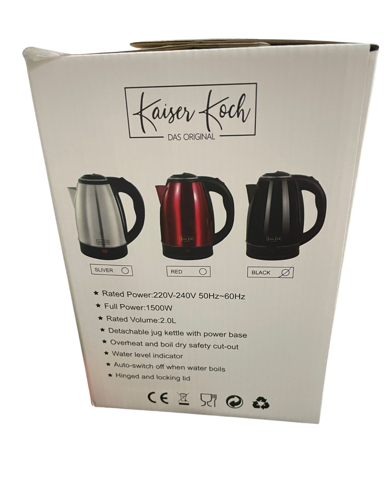 Kaiser Koch Wasserkocher 2,0L Edelstahl 1500W Abschaltung Silber/Rot/Schwarz
