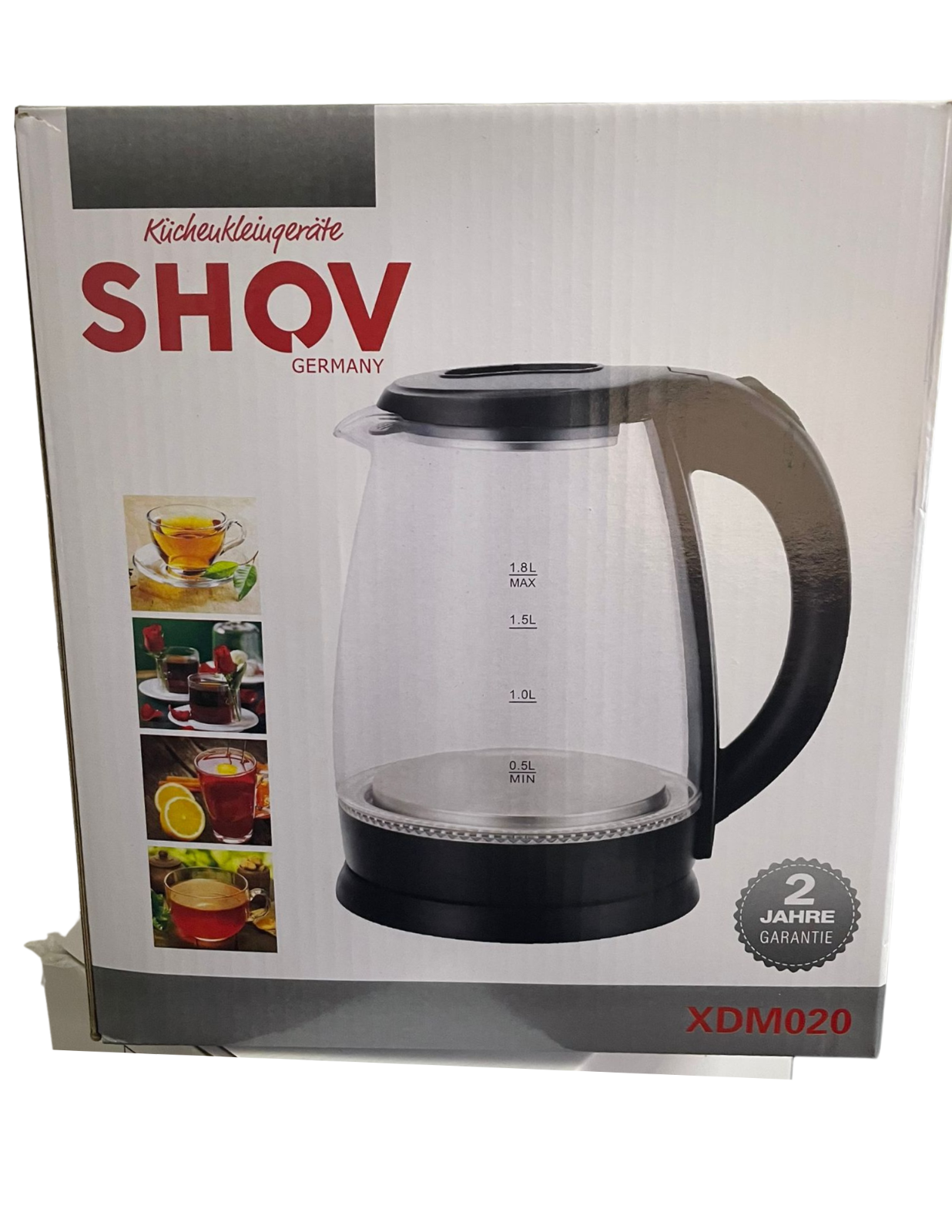 SHOV Glas Wasserkocher 1,8L 1500W kabellos LED Abschaltung Filter XDM020