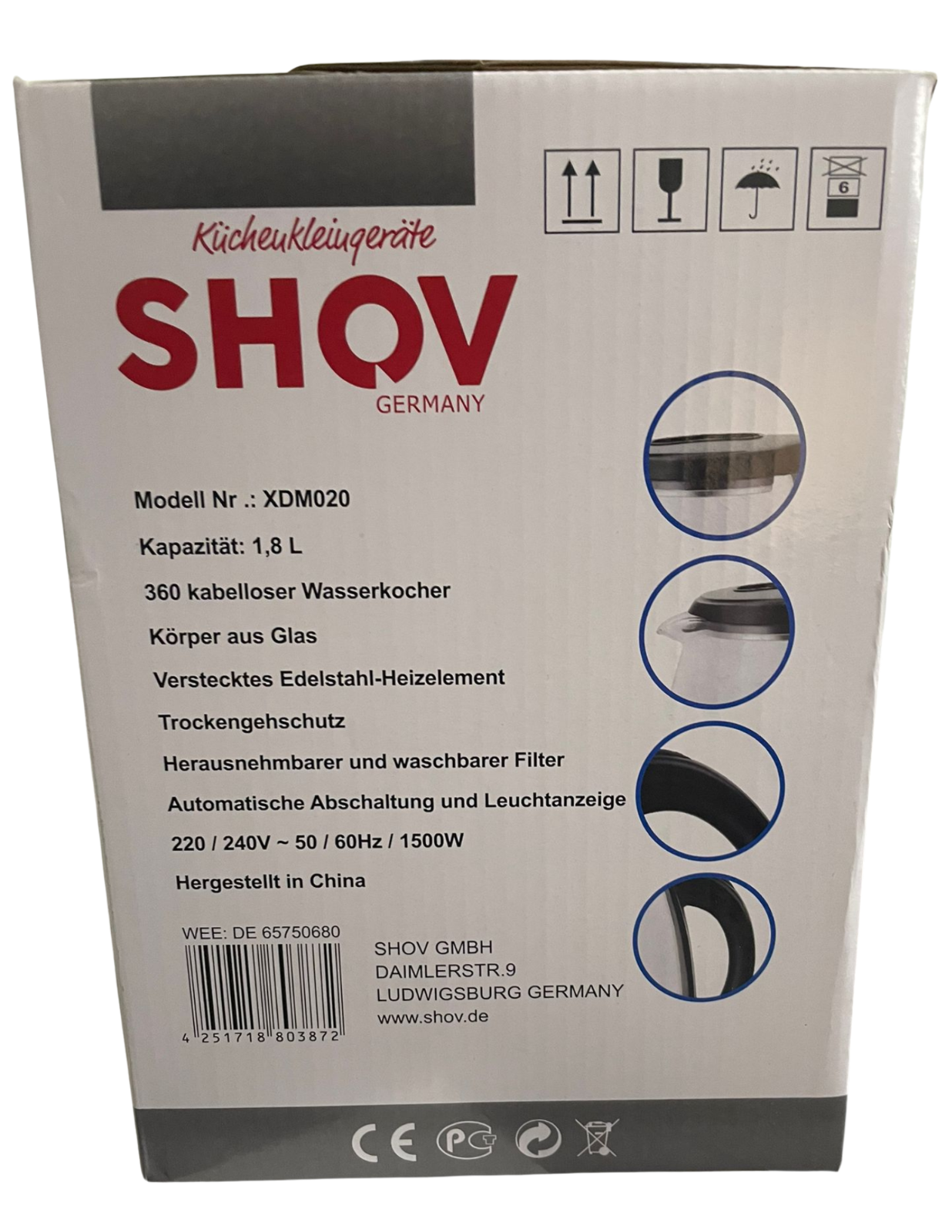 SHOV Glas Wasserkocher 1,8L 1500W kabellos LED Abschaltung Filter XDM020