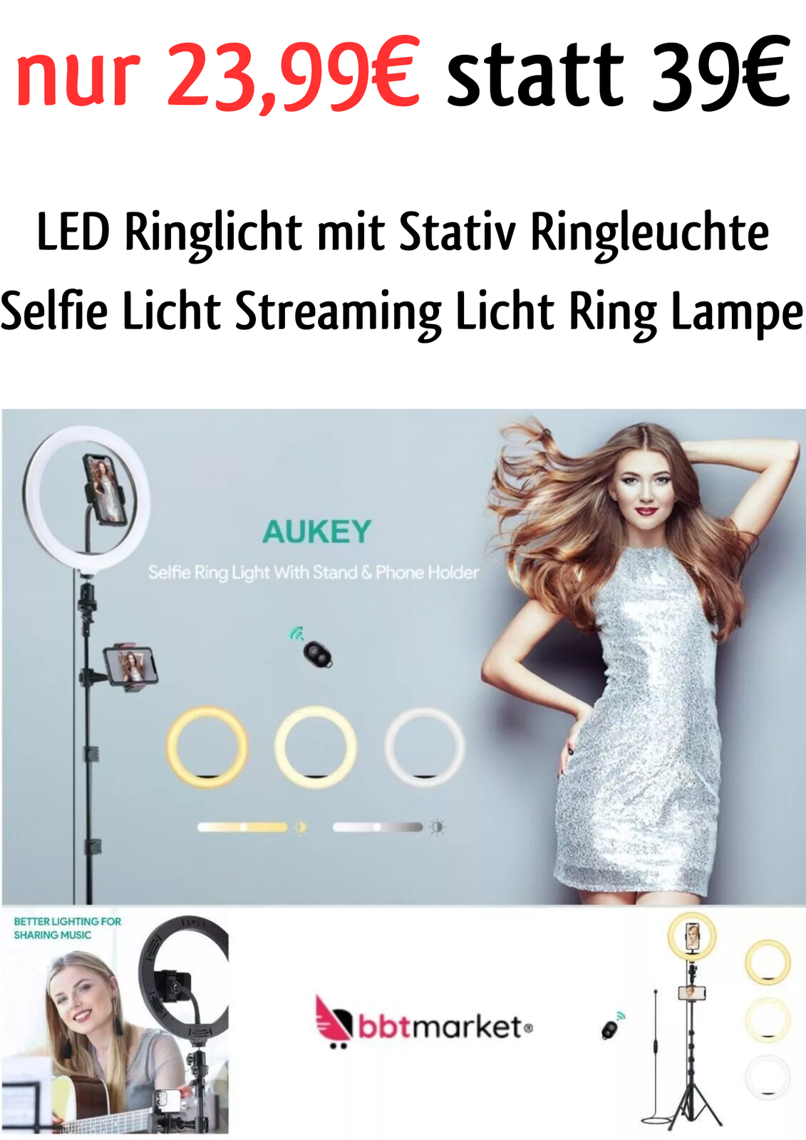 LED Ringlicht 10" mit Stativ Selfie Ringleuchte Streaming Licht für Handy
