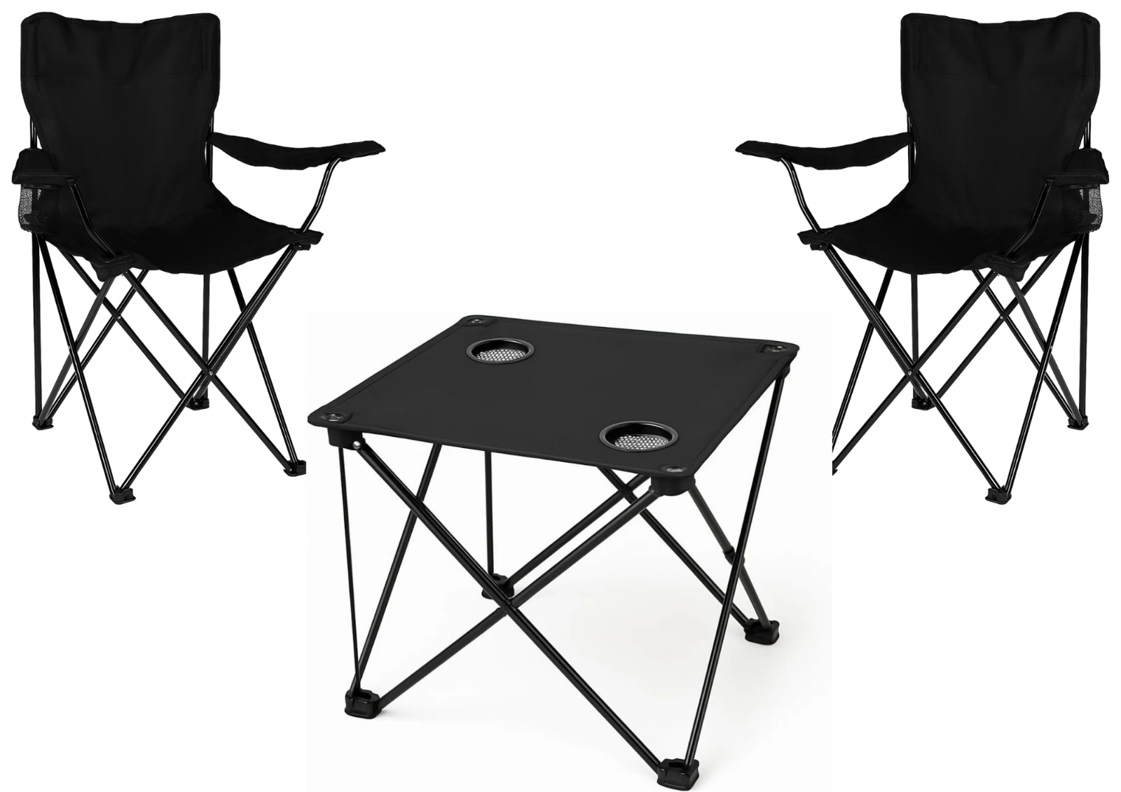 2x Klappstuhl + 1x Campingtisch Set Schwarz – Faltbar mit Getränkehalter&Taschen
