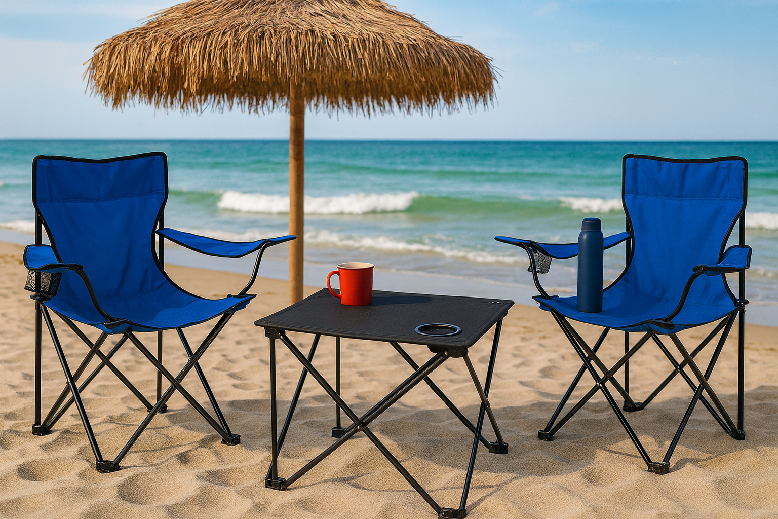 2x Klappstuhl Blau + 1x Campingtisch Schwarz Set – Faltbar mit Getränkehalter