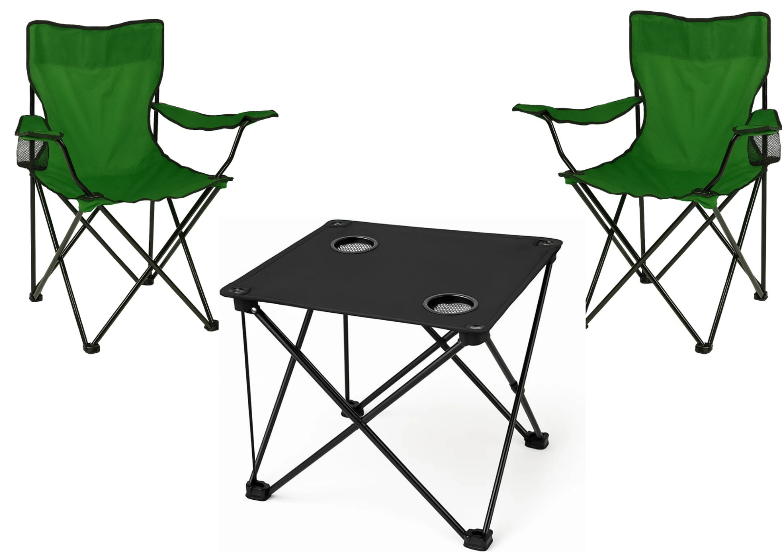 2x Klappstuhl Grün + 1x Campingtisch Schwarz Set – Faltbar mit Getränkehalter