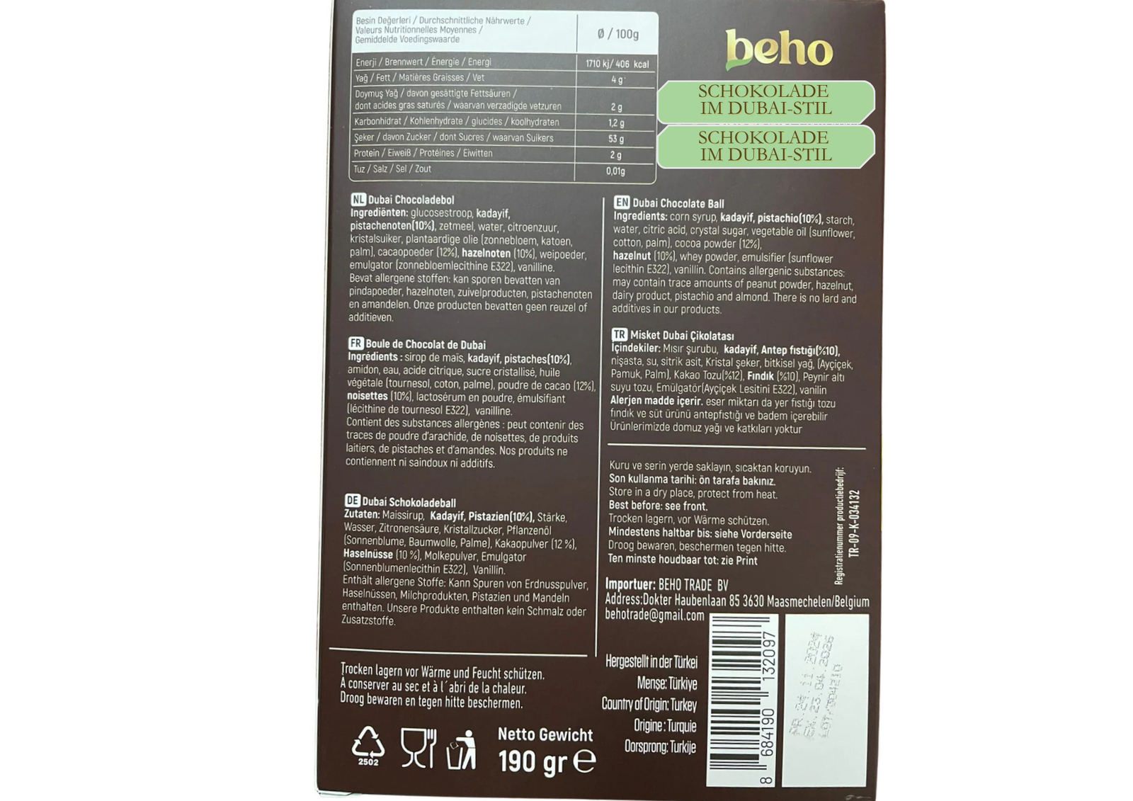 Dubai Stil Schokoladeball 190g Pistazien Haselnüsse Kadayif Neuheit Süßigkeit