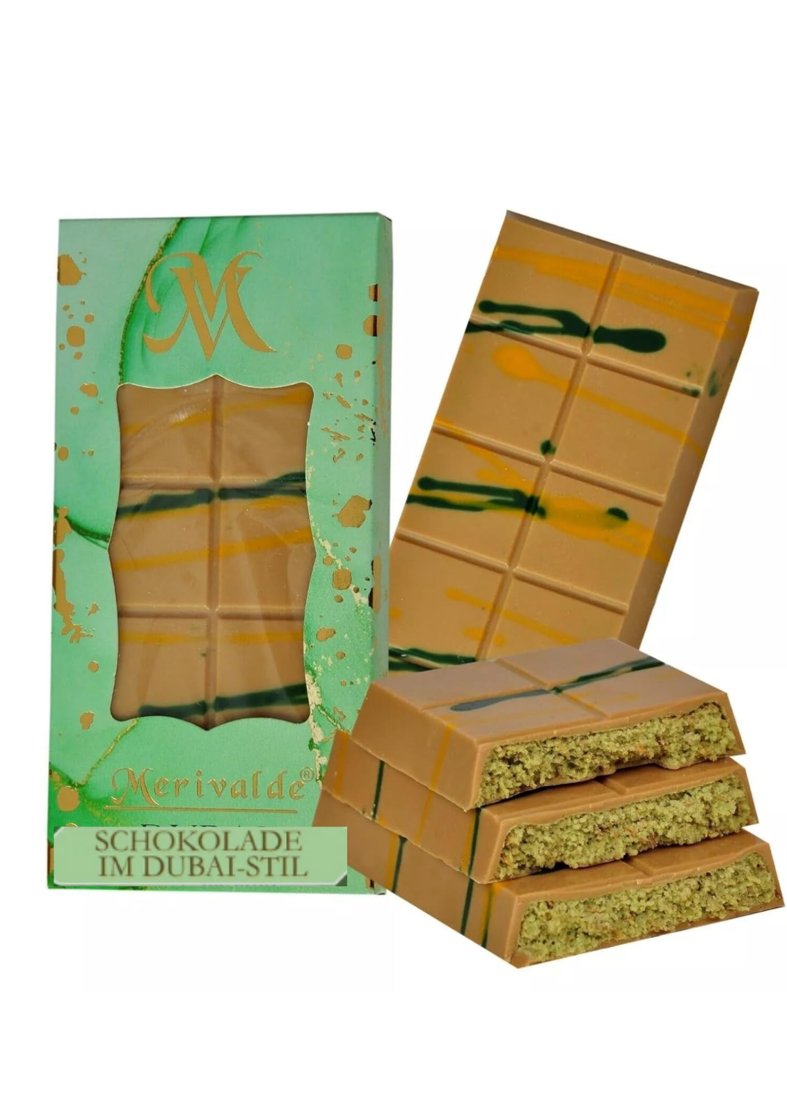 Merivalde Dubai Style Gold Schokolade 200g – Pistazien & Knafeh 🌟🍫 Halal
