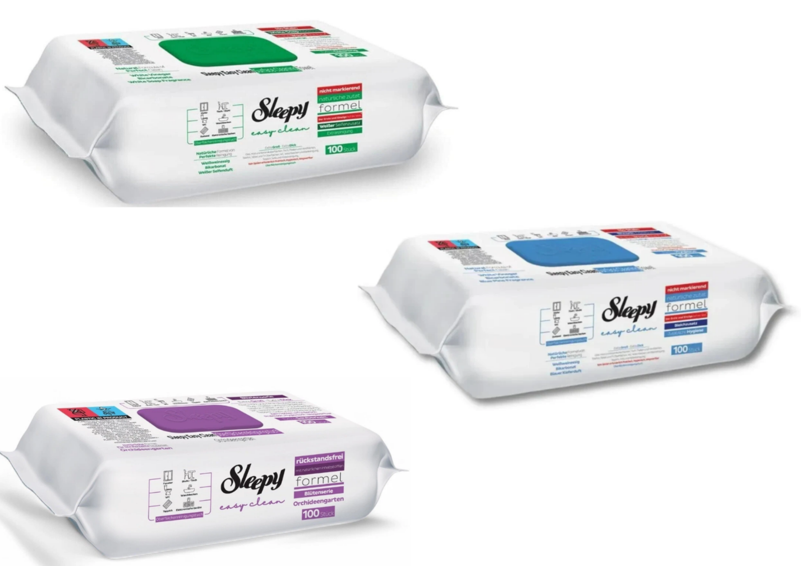 Sleepy Easy Clean Oberflächenreinigungstücher 3er Set – Weißseife, Orchidee & Bleichzusatz | je 100 Blatt | Hygienische Einwegtücher für Küche, Bad & Haushalt