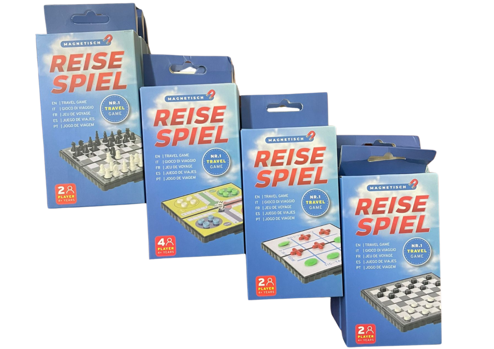 Magnetisches Reisespiel 13x13cm – 4 Spiele: Schach, Dame, Ludo, Tic Tac Toe
