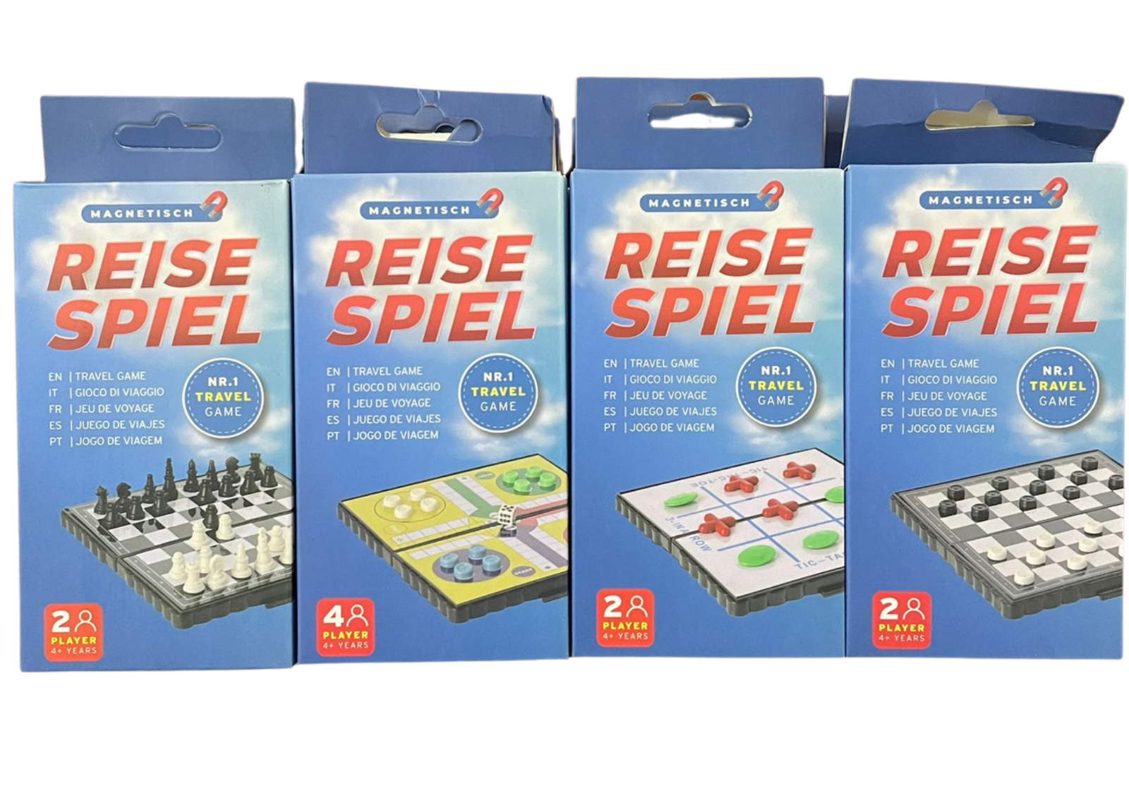 Magnetisches Reisespiel 13x13cm – 4 Spiele: Schach, Dame, Ludo, Tic Tac Toe