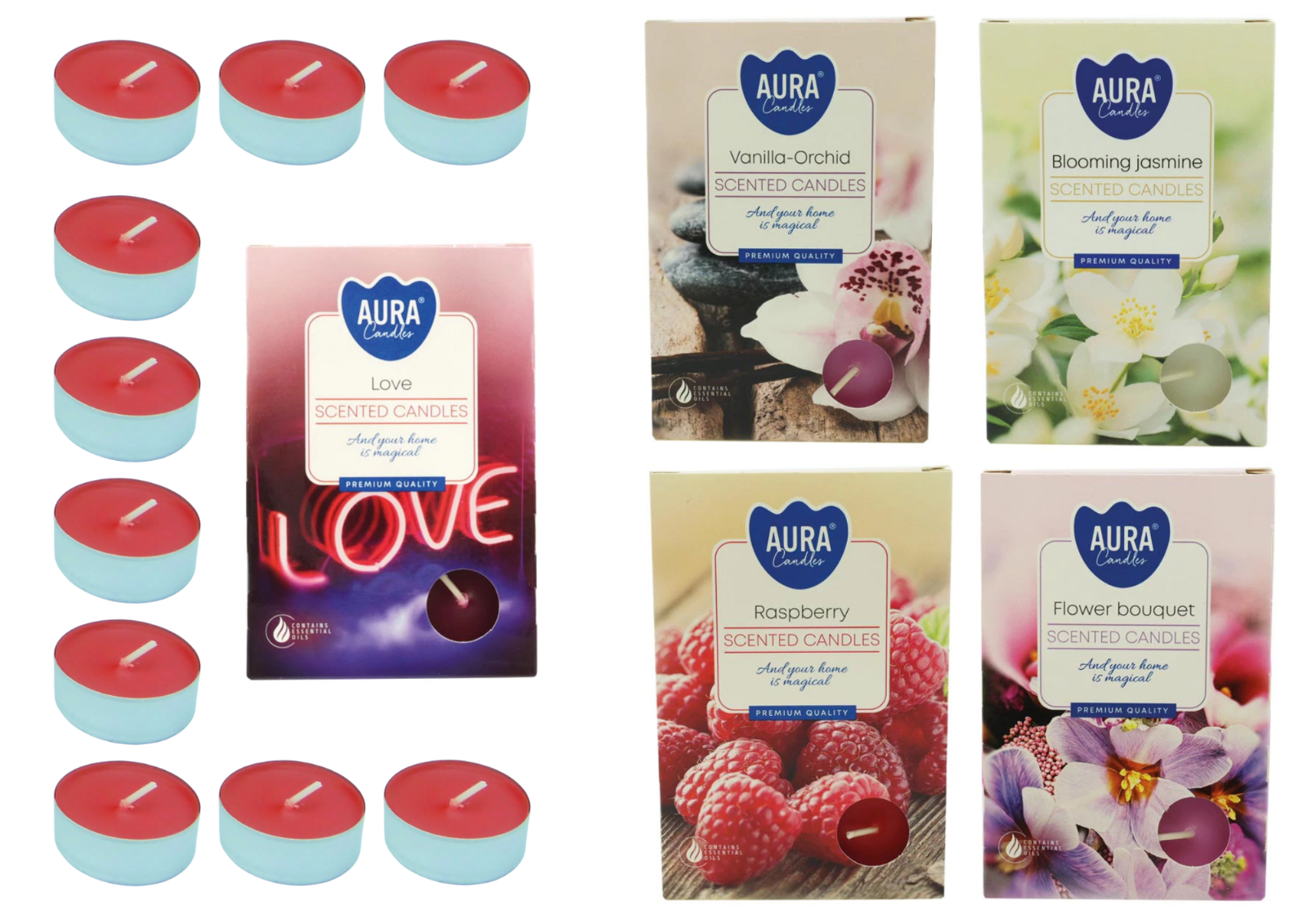 Duft-Teelichte 6er Pack – Jasminblüte, Vanille-Orchidee, Liebe – ca. 4 Std Brenn