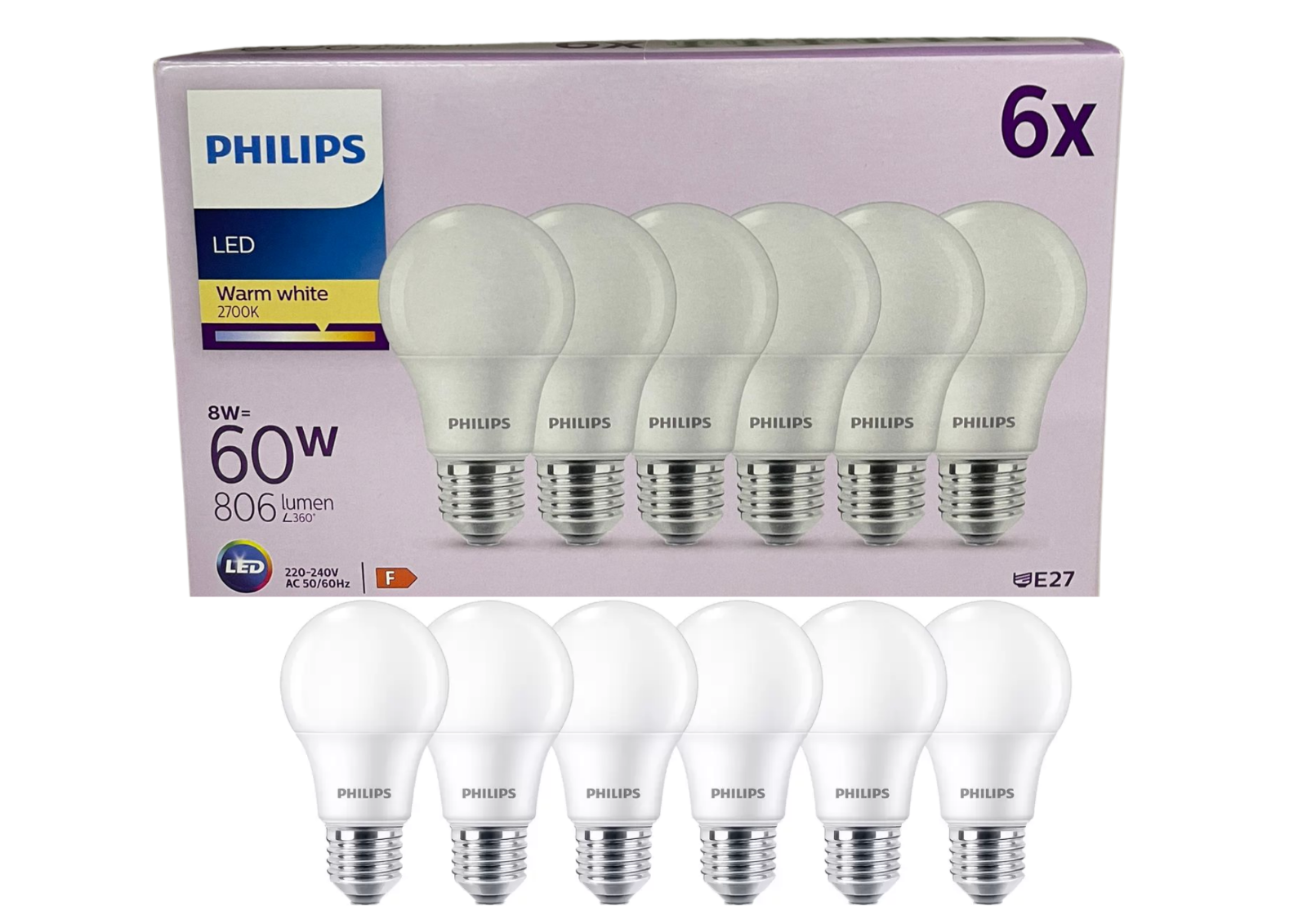 Philips LED E27 8W Warmweiß 2700K Ersatz für 60W Lampe – 6er Set