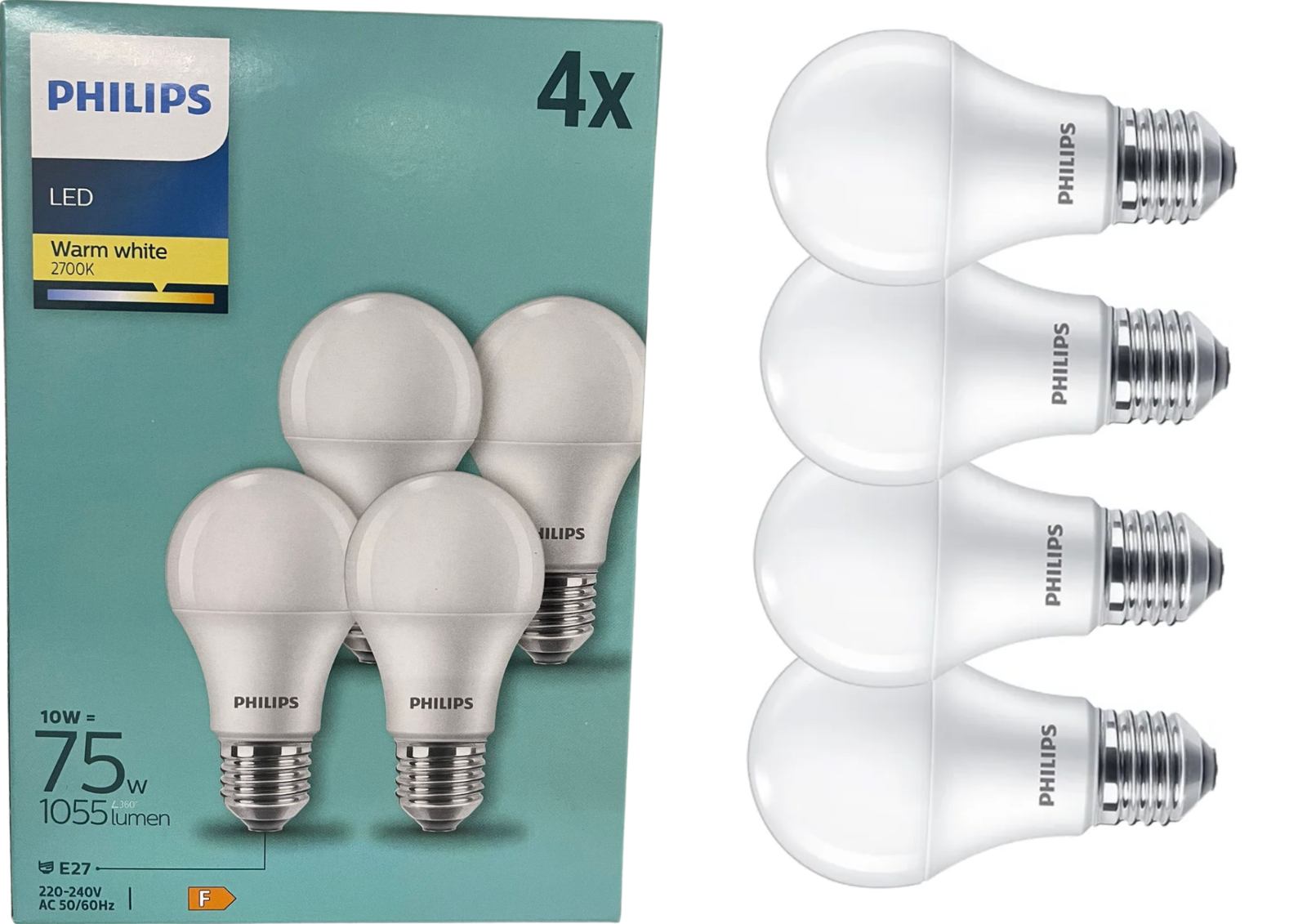 Philips LED E27 10W Warmweiß 2700K – 75W Ersatz, 1055lm, 4er Set, 15000h Lebensdauer
