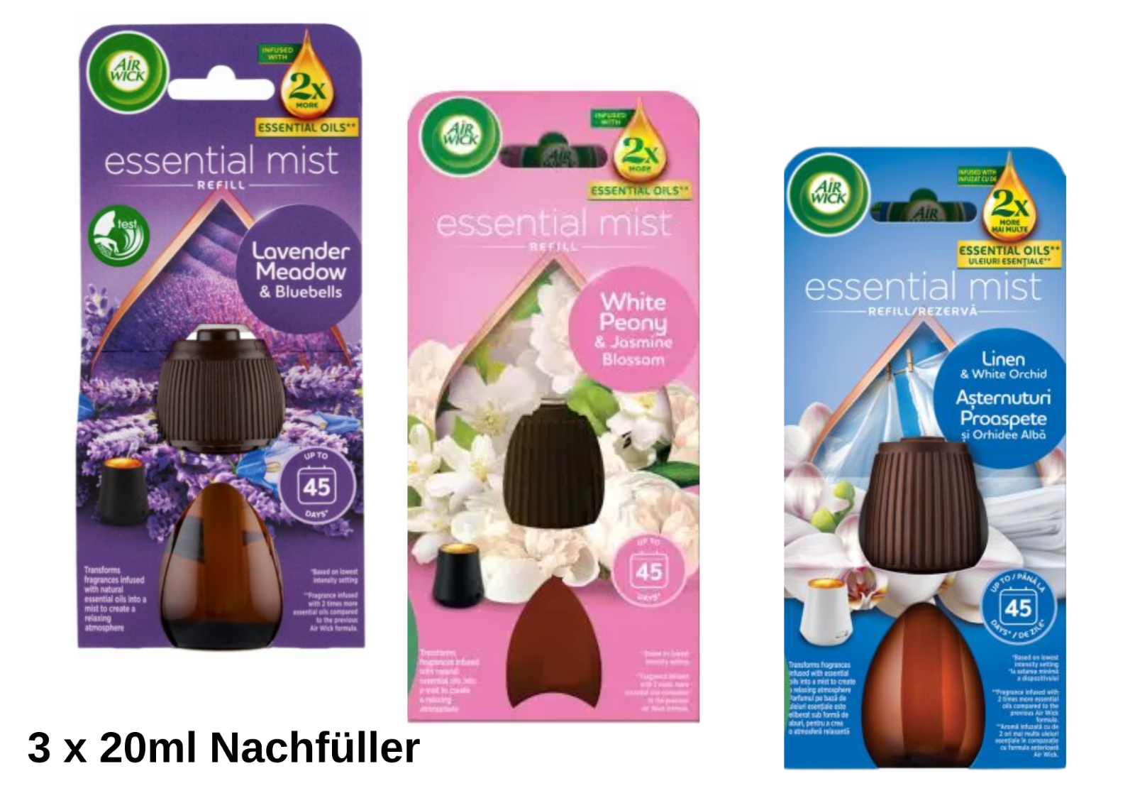 Air Wick Aroma-Öl Nachfüller Set 3×20ml – Lavendel, Pfingstrose, Orchidee