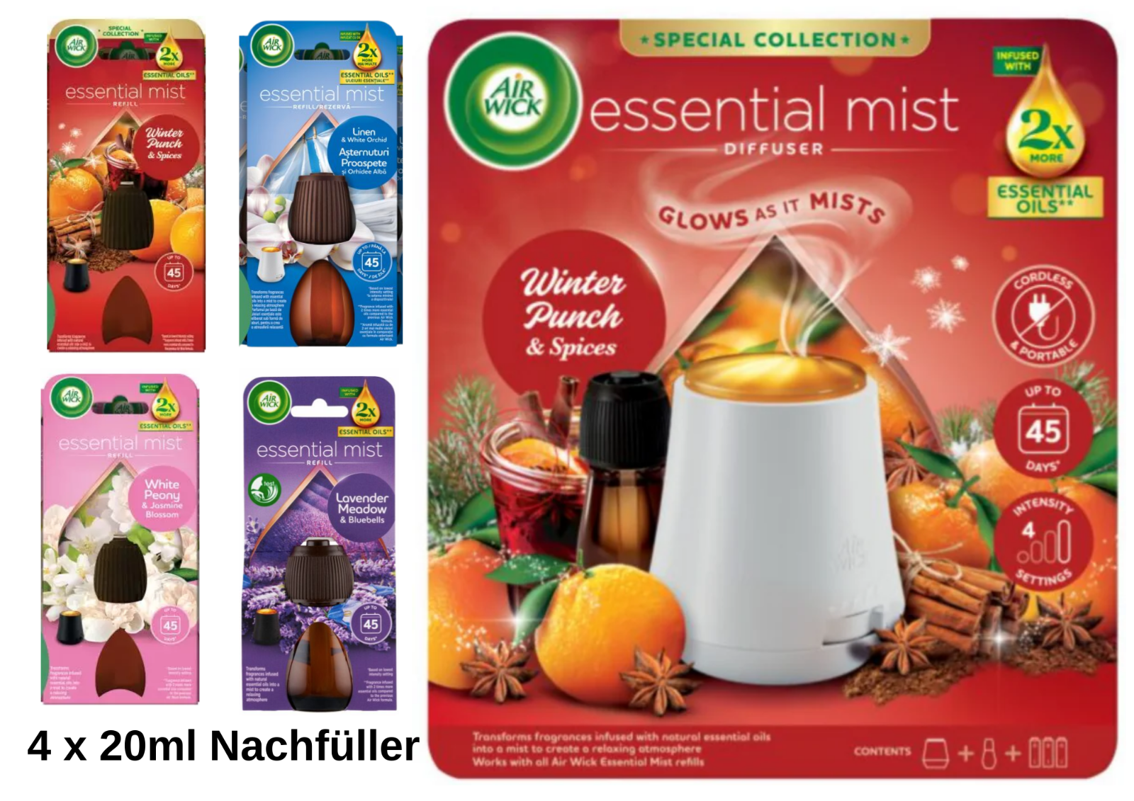 Air Wick Aroma Öl Diffuser Starter Set – 1 Gerät + 4×20ml Nachfüller