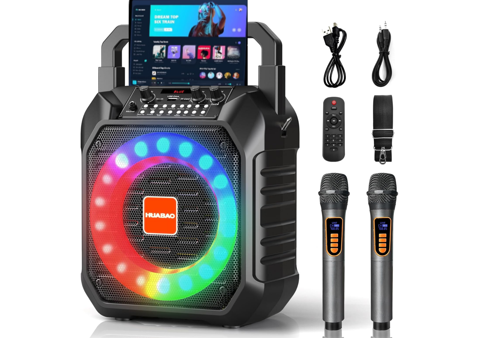 Karaoke Maschine mit 2 Funkmikrofonen, LED PA Lautsprecher, Bluetooth, USB