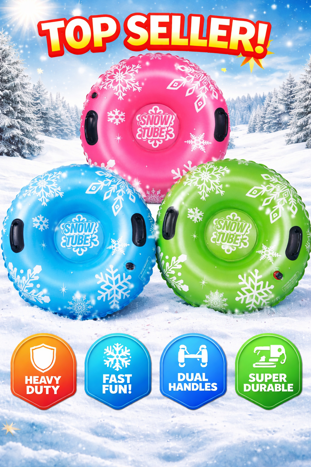 Snow Tube 90 cm –Aufblasbarer Schlitten für Kinder & Erwachsene in Rot Blau Grün