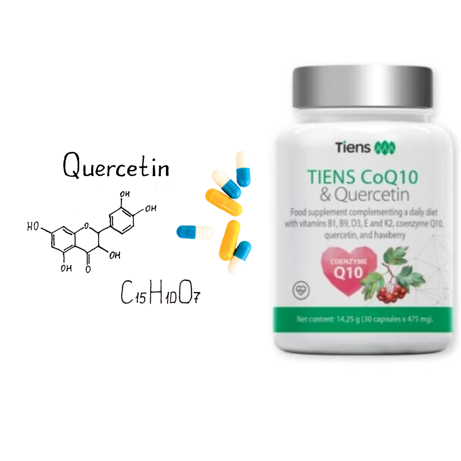 TIENS CoQ10 & Qercetin with vitamins B1 B9 D3 E and K2, coenzyme Q10 & hawthorn