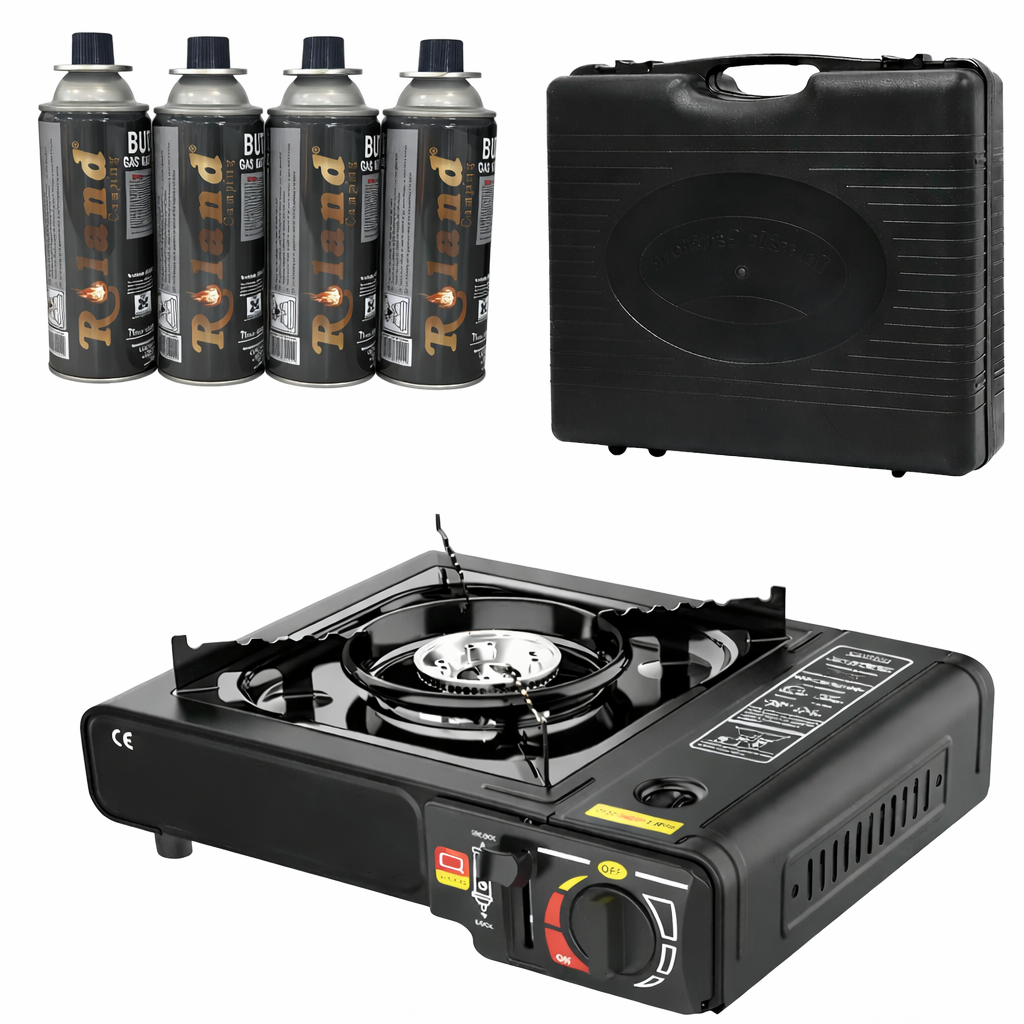 Camping Gaskocher Set 4x Gas Kartusche + 1 Kocher mit Koffer