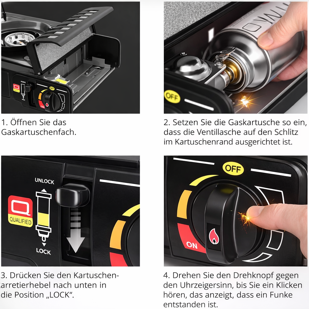 Camping Gaskocher Set 4x Gas Kartusche + 1 Kocher mit Koffer