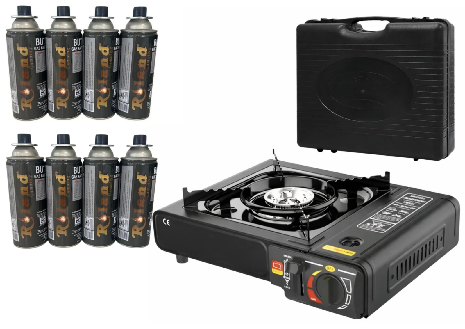 Camping Gaskocher Set 8x Gas Kartusche + 1 Kocher mit Koffer