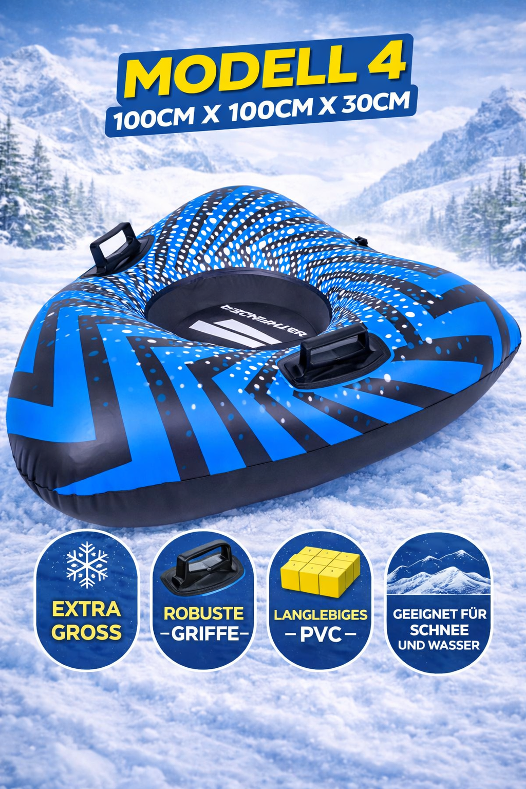 Aufblasbarer Schneereifen Schlitten 100cm mit Griffen & Schleppleine