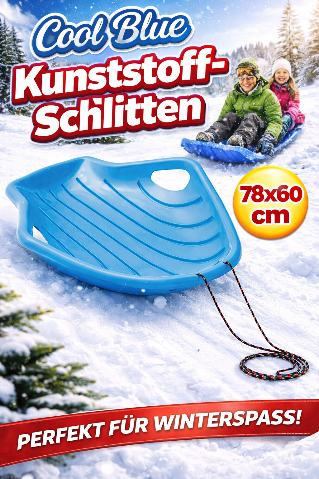 Schlitten 78x60cm mit Zugseil Schneeschlitten Kinder Rodel Snowboard 1 stück