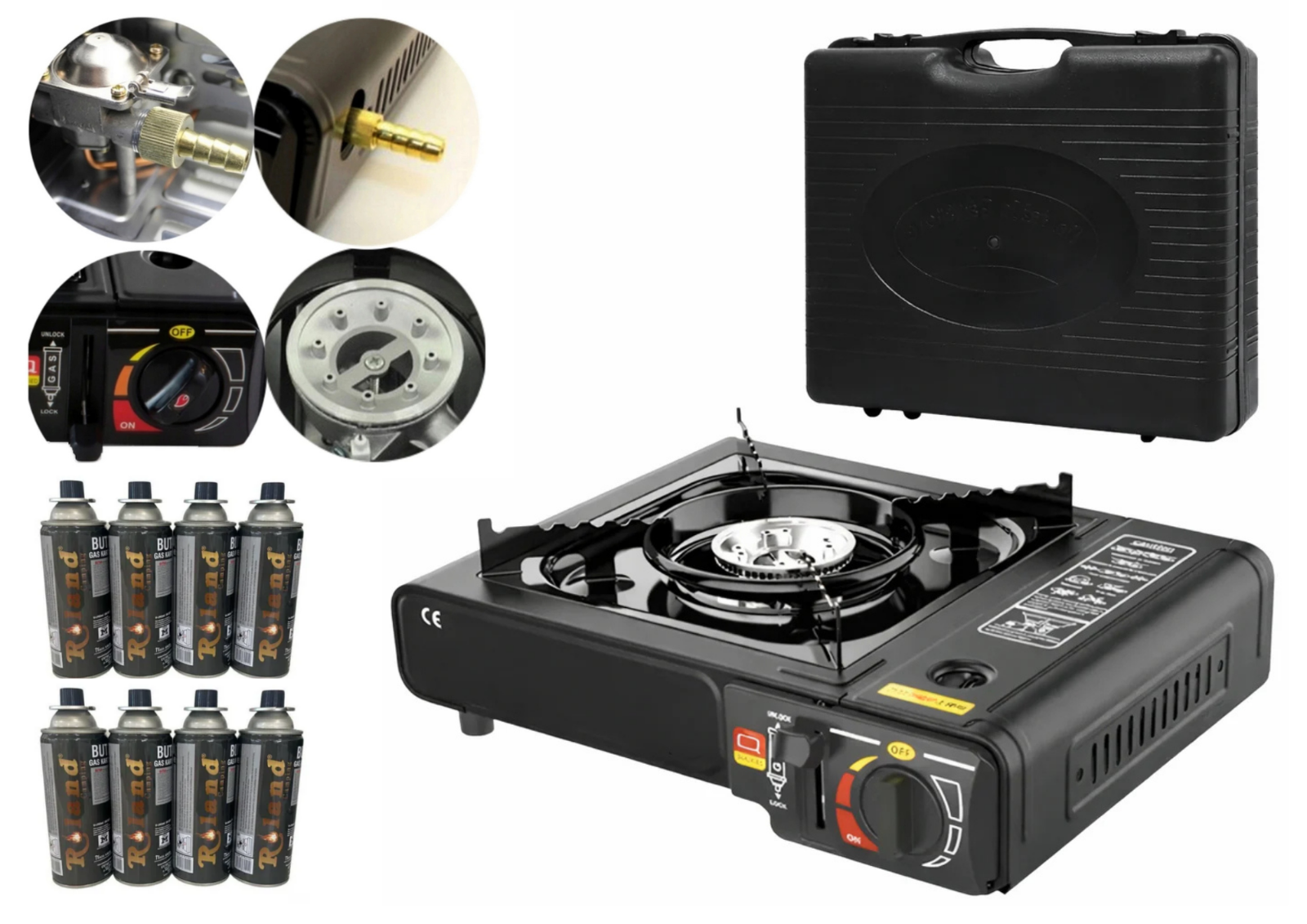 Camping Gaskocher Set 2-in-1 mit Koffer + 8x Gas Kartuschen 2200W