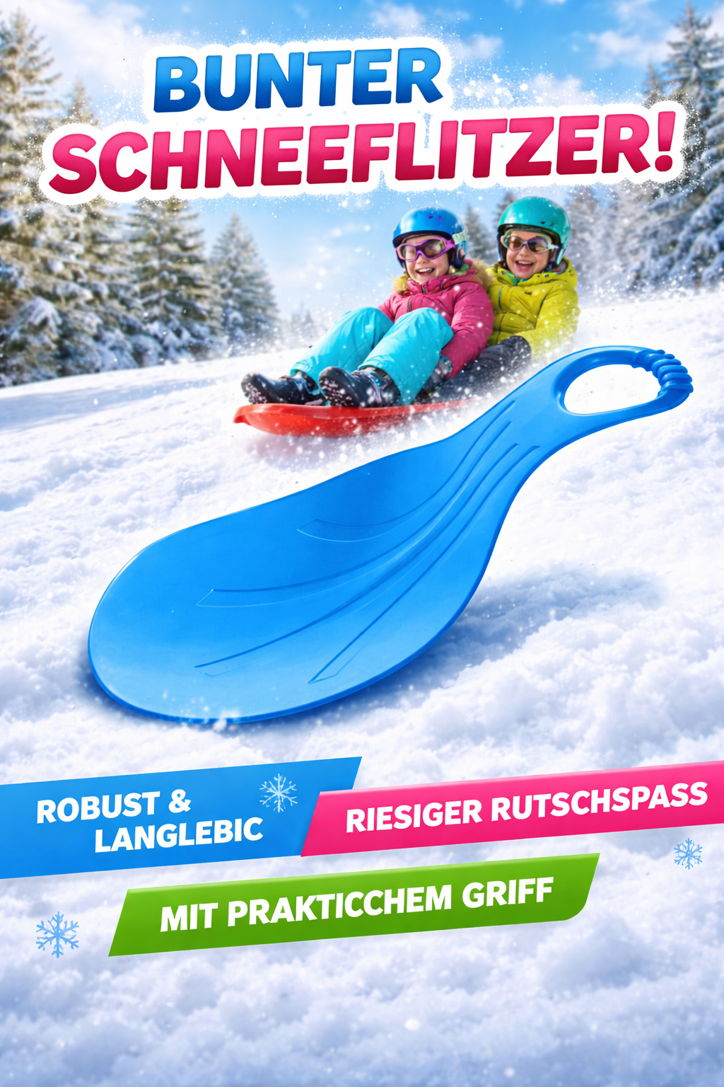 Poporutscher Schneerutscher mit Griff 50x36x8 cm – Leichter Schneeflitzer für Kinder und Erwachsene