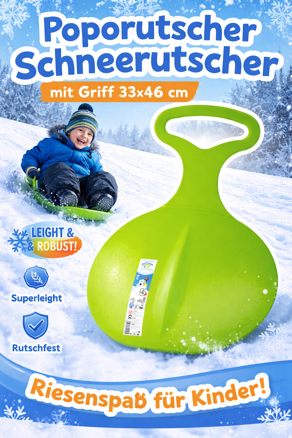 Poporutscher Schneerutscher mit Griff 33x46 cm Grün Kinder ❄️