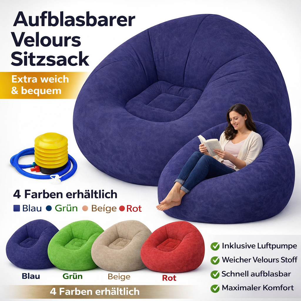 Aufblasbarer Sitzsack Velours – Bequemer Loungesessel Sitzpuff mit Pumpe