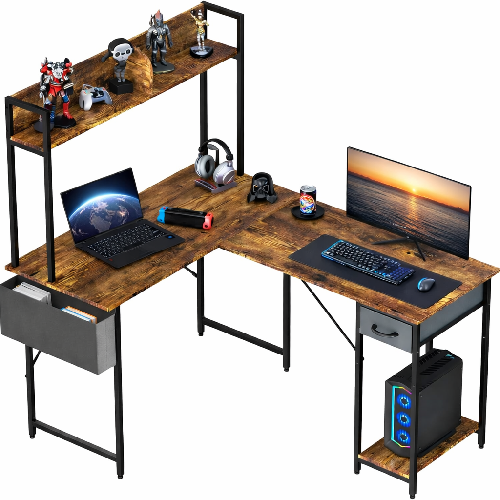 L-förmiger Schreibtisch 140x110cm Gaming Tisch LED Steckdose Eckschreibtisch