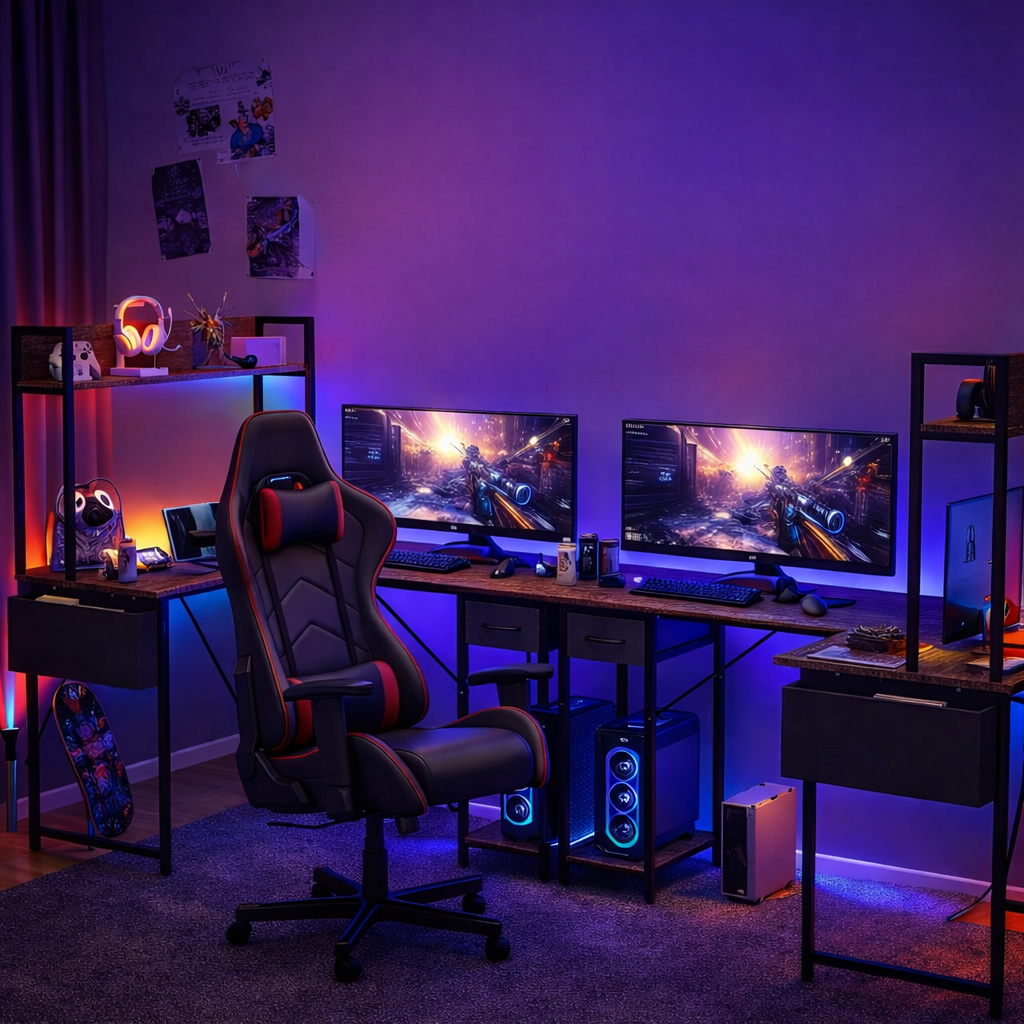 L-förmiger Schreibtisch 140x110cm Gaming Tisch LED Steckdose Eckschreibtisch