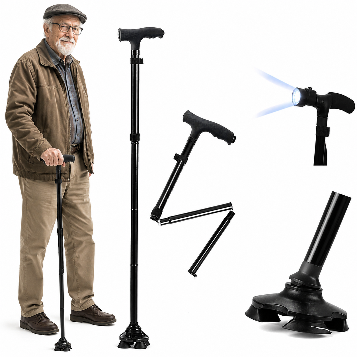 Faltbarer Gehstock LED Spazierstock Gehhilfe 5-fach Verstellbar Schwarz